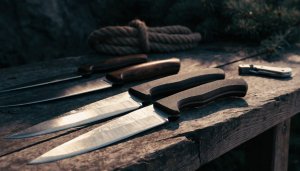 Cuchillos y navajas outdoor sobre mesa de madera — guía de aceros para cuchillos