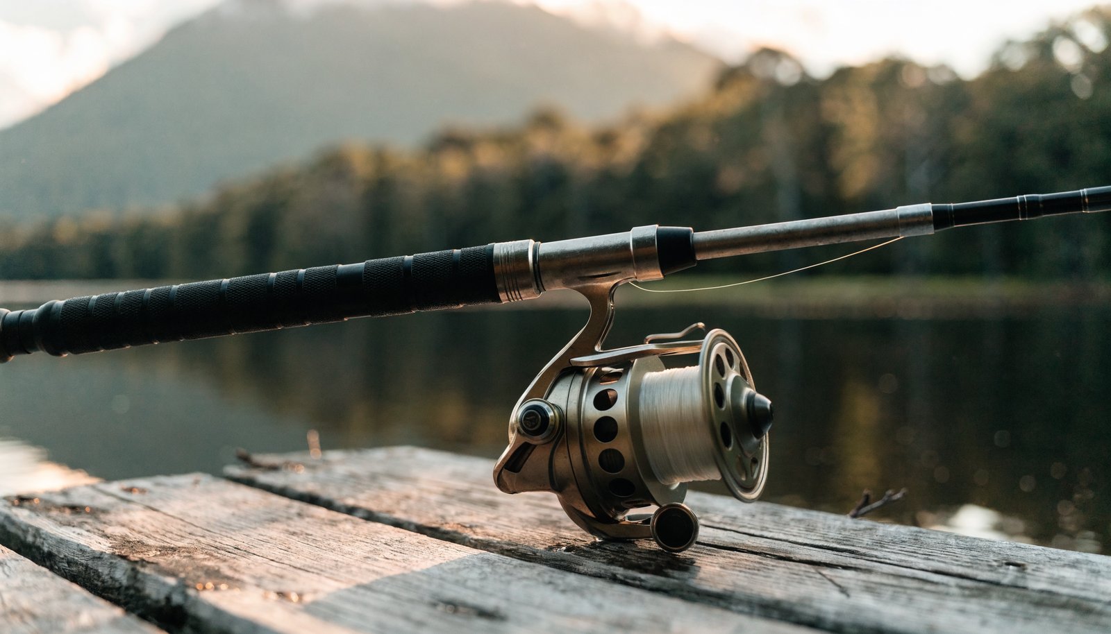 Carrete de pesca spinning montado en una cana junto a un lago al atardecer