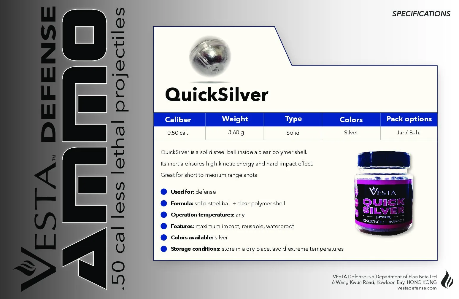 Municion VESTA .50 Quicksilver Tarro 50u